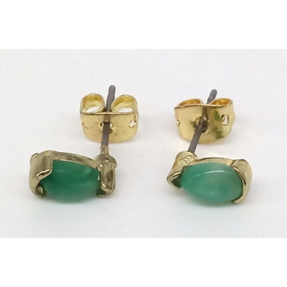Faux Jade Green Cabochon Stud Earrings Gold Tone Metal Oval Retro Vintage